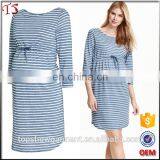 Hot Sale 100% Cotton Maternity Oem 3/4 Sleeve Dress in White Blue Stripes thumbnail-1