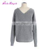 New Arrival Sexy Gray v Neck Ladies Fancy off Shoulder Custom Knitted Cashmere Sweater thumbnail-4