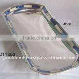 Mirror Polished Oval Cast Aluminium Tray With Mosaic of Bone in Blue and White