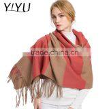 Women Elegant Soft Color Block Tassel Hem Wool Cashmere Wrap Shawl thumbnail-1