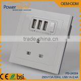 Type G Euro/UK Electrical Wall Power Socket With 3 USB Outlet 230V 13A BSi Standard For Hotel/Home/Office