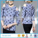 2017 Summer Newest Fashion Round Neck Cold Shoulder Blouse With Stars Pattern thumbnail-1
