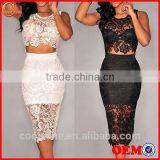 Ladys Sexy Floral Sheer Sleeveless Lace Crop Top and Midi Skirt Set Women Party Dress thumbnail-1