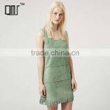 Mint Green Sleeveless Fringed Braided Suede Shift Dress thumbnail-1