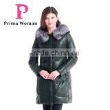 Winter Women Medium Length Slim Fit Leather Coat With Silver Fox Hat Overcoat