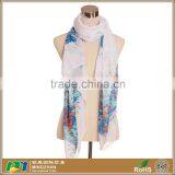 Chinoiserie Pretty Floral Print White Twill Viscose Silk Scarves for Women thumbnail-1