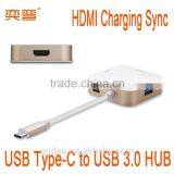PD function USB Type-C male to Type C female Charger device with HD female Adapter & 2 ports USB 3.0 HUB for Apple Macbook 12"