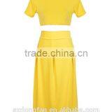 Wholesale 2016 New Fashion Ladies Women Dress Elegant Two Pieces Female Dress Summer Women Crop Tops Blouse Pleated Yellow Long thumbnail-2