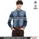 100% Cotton Dark Blue Washed Cowboy Long Sleeve Casual Shirts for Men With Two Pockets thumbnail-1