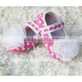 Baby Girl Pink White Polka Dots Crib Shoes With White Rosettes GSM607 thumbnail-1