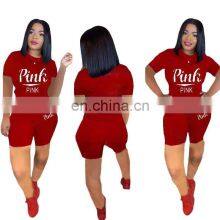 Brand Pink Print Fitness Shorts Set Tracksuit Women Clothing 2 Pcs Set Sweatsuit Woman Short Tshirts Plus Size Two Piece Outfits thumbnail-3