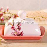 Elegant Ceramic Butter Dish With Peach Flower Decal thumbnail-1