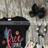 Baby Girls Summer Clothes Girls Children Spirit Girl Outfits Kids Arrow Outfits Black Top With Feather Shorts With Accessories thumbnail-3