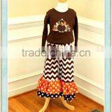 Thanksgiving Day Turkey Kids Clothing Girls Boutique Outfit Turkey Shirt Chevron Ruffle Pants Double Ruffle Pants Brown Toddler thumbnail-1