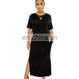 Wholesales Best Seller Women Solid Color Casual Long Dresses Ladies Split O-Neck Dresses Women Summer Dresses thumbnail-2