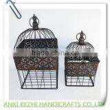 KZ150263 Antique Set of Two Wrought Iron Metal Hanging Square Birdcage thumbnail-1