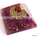 Quality Manufacturer Big Orgone Energy Violet Pyramid With Flower Of Life Symbol And Crystal Point | Chakra Pyramid