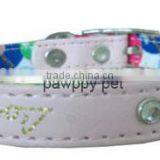 Embroidery Rhinestone Cat Collar,PU Leather & Canvas Backing With Bell