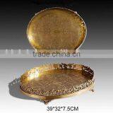 Retro Solid Brass Round Severing Tray, Hand Engraved Bronze Csating Tea Tray With Base, Home Decorative Tray thumbnail-1