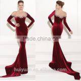 Wine Mermaid Style Long Sleeve Velvet Evening Dresses thumbnail-1