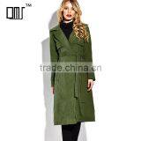 Army Green Open Front Self Belted Below Knee Lady's Winter Trench Coat thumbnail-1