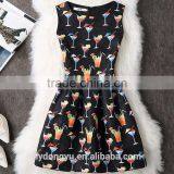 Wine Glass r Women Printed A Line Dress/sym Rose Multi Design Sleeveless A Line Dress Skirt