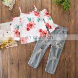 Girl Summer 2PCS Outfit Kids off Shoulder Flower Print Tops & Broken-hole Jeans Set thumbnail-1