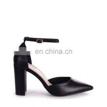 Women New Stylish Ankle Strap Design High Heels Black Nappa Court Shoes Ladies Block Heel Sandals thumbnail-1