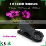 15x macro lens 198 degree super fisheye 0.63x wide angle lens 3-in-1 camera lens kit for iphone 6s plus HTC one m8 huawei P8 A9