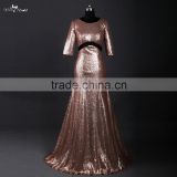 RSE671 Trumpet Mermaid Sexy Keyhole Open Back Sequin Bronze Mother Of The Bride Evening Dresses Short Sleeves