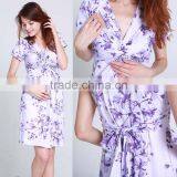 Hot Sale Lavender Blossom Printed Knot Front Maternity Dress Pregnant Women Cap Sleeve Sexy Deep v Neck Western Maternity Dress thumbnail-3