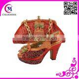 Genuine Leather Shoes Women With Coral Italian Shoes and Bag Set CSB 559 for High Quality Fashion Ladies High Heels Shoes 2016