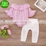 2019 Striped Print Girls Long Flare Sleeve Romper Tops & Baby White Hole Pants Outfits 2pcs Set Free Ship thumbnail-1