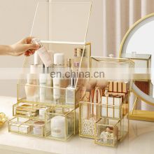 Storage Box Drawer Cosmetic Gold Decorative Metal Glass Clear Lash Jewelry Make Up Acrylic Organizer Cosmetic Makeup Box Storage