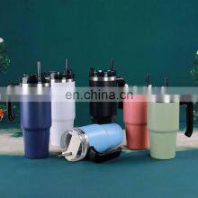 Metal Stainless Steel Insulated Vaccumm Travel Mug Tumbler With Straw and Handle for Coffee and Beer thumbnail-1