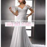 2015 Custom Made Chiffon Short Sleeve Pleat Applique Lace Wedding Dress Bride Gown thumbnail-1
