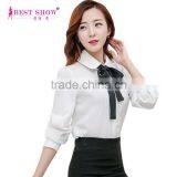 Ladies Formal Wear White Women Blouses 2015 Korean Office Long Sleeve Peter Pan Collar With Bow Tie Working Shirt Wholesale