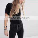 Plain Black V Neckline Short Sleeve Women Bodysuit Custom Made Bodysuit With Your Own Logo High Quality thumbnail-2
