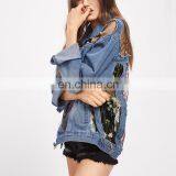 Fashion Women Outerwear Clothes Embroidered Mesh Insert Denim Jacket thumbnail-3