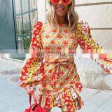 LAITE D2195 Amazon Hot Sales Long Sleeve Printed Flounced Casual Dresses Women V-neck Bandage Sexy Dresses thumbnail-2