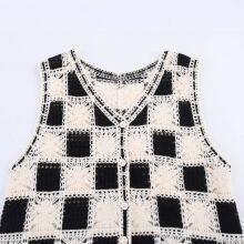 Hong Kong Style Versatile Top Vest, Spring New Korean Checkerboard Style Spicy Girl Vest, Knitted Cardigan, Women's Hollowed Out Contrasting Color thumbnail-4