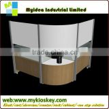 New design 12*8feet wood glass cell phone accessories kiosk with LED lights cell phone display table