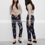 OEM suppply custom design fancy all over floral print autumn wear navy work pants for women .