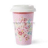 12oz Pink Flower Design Ceramic Double Wall Tumbler thumbnail-1
