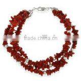 Wholesale 7" 3 Row 3-8mm Cheap Red Coral Chip Charm Bracelet With Silver Tone Spacers thumbnail-1