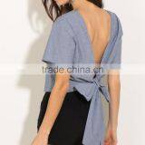 New Design Bow Tie Chambray Top Women Summer Tops thumbnail-3