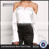 MGOO Manufacturer Custom Soft Satin Blouses Young Girl Sexy Crop Tops Off White Cold Shoulder Shirts thumbnail-1