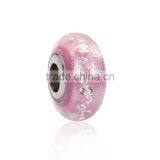Lampwork Glass & Cubic Zirconia European Style Large Hole Charm Beads Round Light Pink Clear W/ Stainless Steel Core thumbnail-1