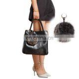 Large Fur Pompoms Mobile Leather Strap Keychain Ball with Gold RIng