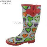 Rubber Rain Boot Women Fashion Boot Has Red Hasp and White Ground With Colorful Heart Printed